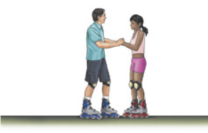 Representação de dois patinadores em repouso, se apoiando nas mãos um do outro.