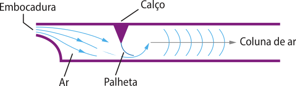 Representação de um tubo sonoro. Na imagem um tubo na posição horizontal com uma abertura a esquerda, chamada embocadura. Dentro do tubo, um calço acima e uma palheta abaixo e uma coluna de ar.