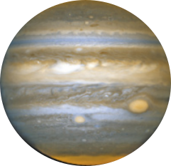 Ilustração do planeta Netuno. Na imagem, uma esfera grande com camadas de cores horizontais, no lado inferior direito, um pequeno círculo.