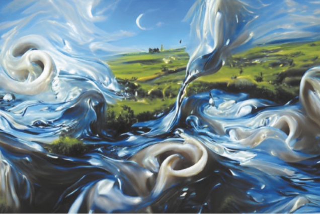 Ilustração abstrata de uma paisagem. Em primeiro plano, há um lago com ondas intensas e desordenadas que se projetam para cima, em tons de azul e branco. Ao fundo, estende-se um campo coberto por gramado verde, sob um céu azul límpido.