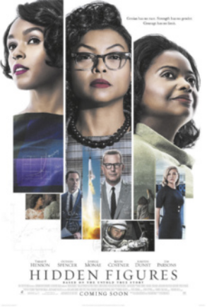 Cartaz do filme 'Hidden Figures'. Na parte superior, aparecem fotografias de três mulheres. Abaixo das imagens principais, há fotos menores com homens representados em cenas do filme. Na parte inferior do cartaz, está escrito o título 'Hidden Figures'.
