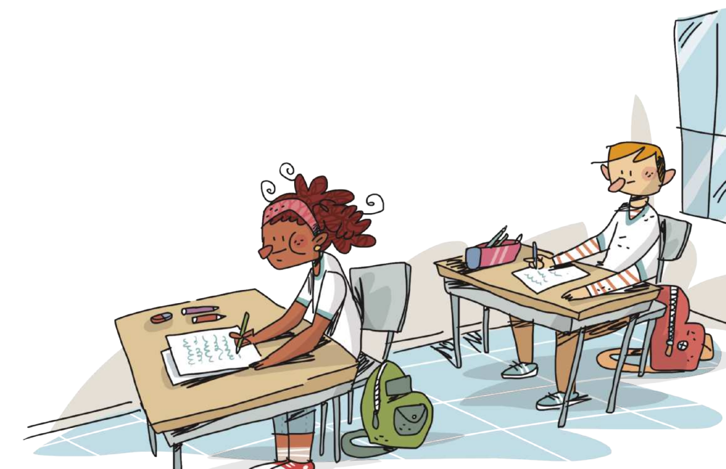 Ilustração de dois jovens sentados em suas carteiras escolares enfileiradas, escrevendo em folhas de papel. Ambos vestem uniformes escolares e têm suas mochilas apoiadas no chão, ao lado das cadeiras.