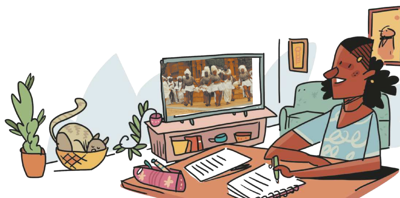Ilustração de uma mulher sentada à mesa, escrevendo. Ela está na sala, onde há uma televisão ligada exibindo uma cena com um grupo de pessoas dançando. Ao lado da TV, há plantas e, próximo a elas, um gato dorme dentro de um cesto.