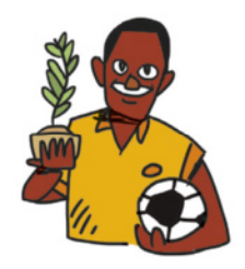 Ilustração representando Lesein Mutunkei sorrindo, segurando uma muda de planta na mão direita e uma bola de futebol no braço esquerdo. Ele é negro, tem cabelos curtos e pretos e está usando uma camiseta amarela.