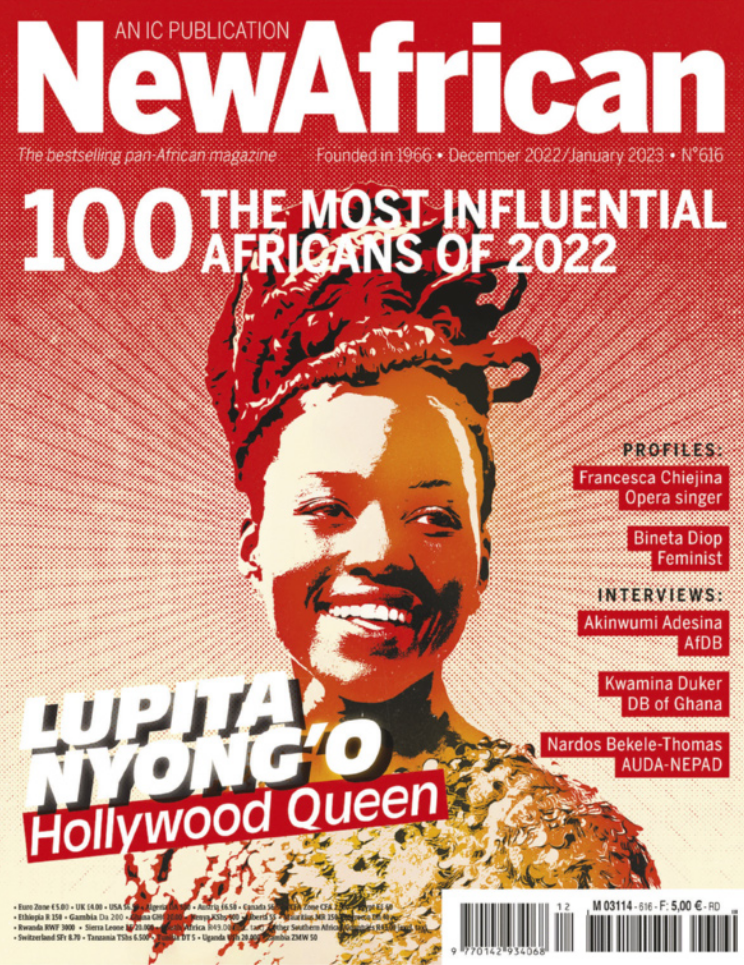 Capa da revista NEW AFRICAN, com fundo em degradê que vai do vermelho ao amarelo, marcado por linhas sutis. Na parte superior, logo abaixo do nome da revista, está o título do artigo principal: '100 THE MOST INFLUENTIAL AFRICANS OF 2022'. Em destaque, há a ilustração de uma mulher sorridente, com cabelos trançados e presos em um coque no alto da cabeça, acompanhada da frase: 'Lupita NYONG'O, HOLLYWOOD Queen'.