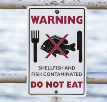 Fotografia de uma placa com a imagem de um peixe, riscado com um xis. O peixe está entre um garfo e uma faca. No cartaz está escrito em destaque: 'WARNING DO NOT EAT'. Escrito em letras menores, há a frase: 'Shellfish and fish contaminated.'