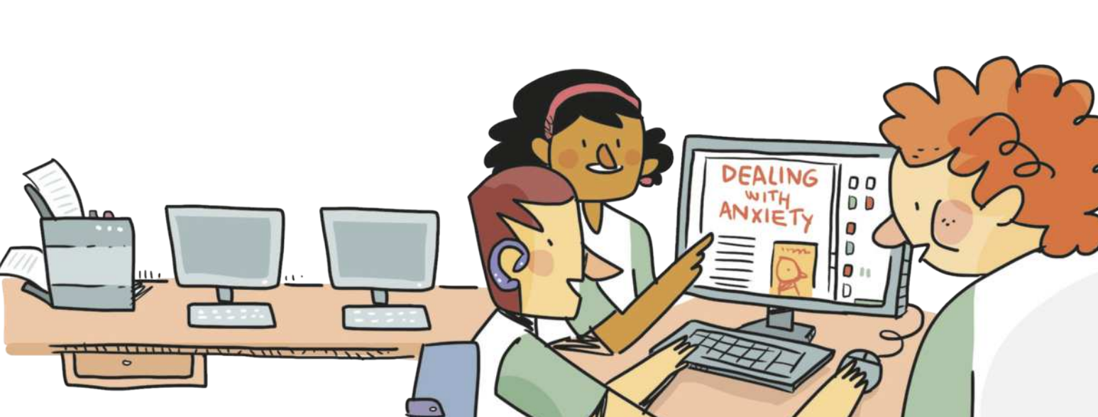 Ilustração de três estudantes ao redor de um computador, em uma sala de informática. Na tela, está escrito 'Dealing with anxiety'.