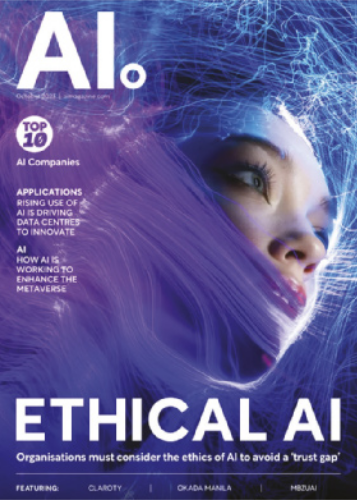 Capa da revista 'AI.' com as seguintes informações em destaque: 'ETHICAL AI. Organisations must consider the ethics of Al to avoid a 'trust gap'. Top 10 AI Companies. Applications: Rising use of AI is driving data centres to innovate. AI: How AI is working to enhance the metaverse.' A imagem que cobre a capa representa a cabeça de uma mulher com fibras eletrônicas muito finas cobrindo as orelhas, as bochechas, a boca e o queixo dela, deixando livres apenas os olhos e o nariz. O topo da cabeça foi tomado por fios finos e luminosos.