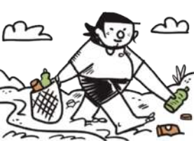 Ilustração em preto e branco de uma pessoa recolhendo lixo do chão e colocando-o em um saco. Os resíduos são os únicos elementos coloridos da imagem: as garrafas estão na cor verde e as latas, na cor laranja.
