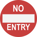 Imagem de uma placa em formato circular, com fundo vermelho. No centro, há uma faixa horizontal branca com as palavras 'NO ENTRY' escritas em branco.