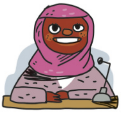 Ilustração representando Jacomba Jabbie sorrindo. Ela é negra, usa hijabe na cabeça e está sentada, falando à frente de um microfone de mesa.