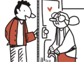 Ilustração em preto e branco de um homem segurando a porta para uma senhora idosa que se apoia em uma bengala. Ela o olha com expressão de agradecimento, simbolizada por um coração laranja. A jaqueta do homem e a saia da senhora também estão coloridas em laranja.