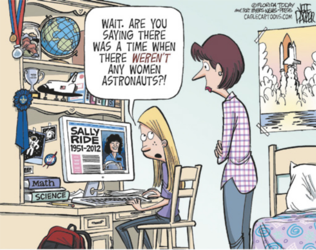 Charge. Uma menina está sentada na escrivaninha de seu quarto, com um computador à sua frente. O quarto é todo decorado com temática de astronauta e espaço, com livros de matemática e ciência sobre a mesa. Ela olha para sua mãe e diz: 'Wait. Are you saying there was a time when there weren’t any women astronauts?!' A mãe está em pé ao lado da filha, com os braços cruzados, rosto surpreso e olhos arregalados.