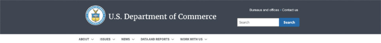 Cabeçalho da página de internet do 'U.S. Department of Commerce' com uma caixa de pesquisa escrito 'Search' na lateral.