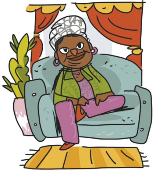 Ilustração de uma mulher sentada no sofá de uma sala com cortina, tapete e vaso de planta. Ela usa turbante e xale. Está com uma das pernas apoiada sobre o assento do sofá.