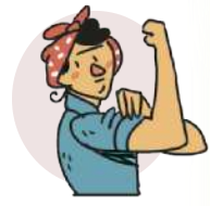 Ilustração de uma mulher com cabelos pretos usando uma faixa vermelha com bolinhas brancas na cabeça. Ela está com o braço flexionado, mostrando o bíceps, em uma pose de força e determinação. Ela usa uma camisa azul com as mangas dobradas. Ao fundo, há um círculo em tom claro.