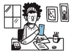 Ilustração em preto e branco de uma pessoa escrevendo em um papel enquanto segura um celular. O aparelho, de cor azul, é o único elemento colorido da imagem.