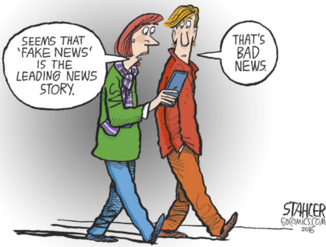 Charge. Um homem e uma mulher caminham enquanto conversam. A mulher mostra a tela do celular para o homem e comenta: 'Seems that 'fake news' is the leading news story.' O homem, com as mãos no bolso da calça, olha para o celular e responde: 'That's bad news.'