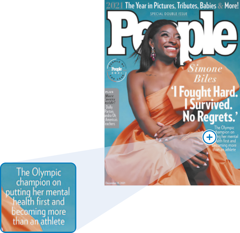 Foto da capa da revista 'People' com a atleta Simone Biles em destaque. Ela está sorrindo, é negra, tem cabelos lisos na altura dos ombros e está usando vestido. Na capa está escrito: Simone Biles. 'I Fought Hard. I Survived. No Regrets.' 'The Olympic champion on putting her mental health first and becoming more than an athlete'.