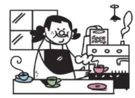 Ilustração em preto e branco de uma barista preparando café em uma cafeteria. As xícaras com café são os únicos elementos coloridos da imagem, nas cores azul, verde e rosa.