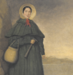 Pintura representando Mary Anning. Ela é branca, tem os cabelos pretos, presos, e usa vestido longo de mangas compridas, xale e chapéu. Ela está segurando um martelo e tem uma bolsa pendurada no braço.