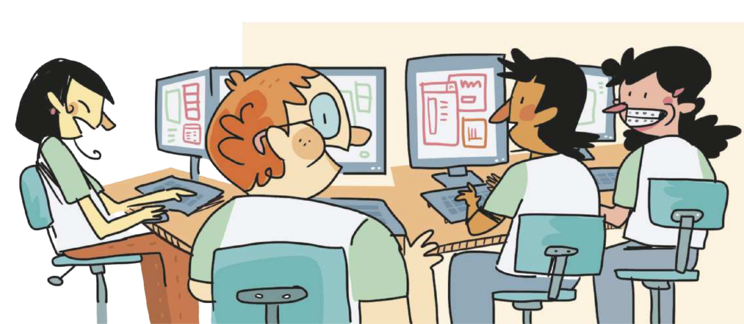 Ilustração de quatro alunos em uma sala, sentados em frente a computadores. Cada um utiliza um computador, com as telas exibindo formas coloridas.