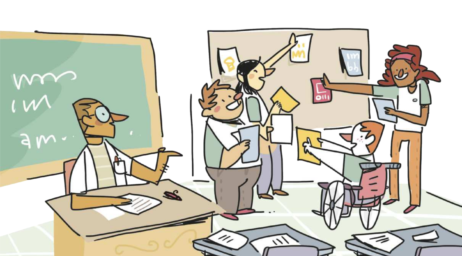 Ilustração de jovens com expressão feliz em uma sala de aula, colando cartazes em um mural. Ao lado, o professor está sentado em sua mesa, observando os alunos e dando orientações.