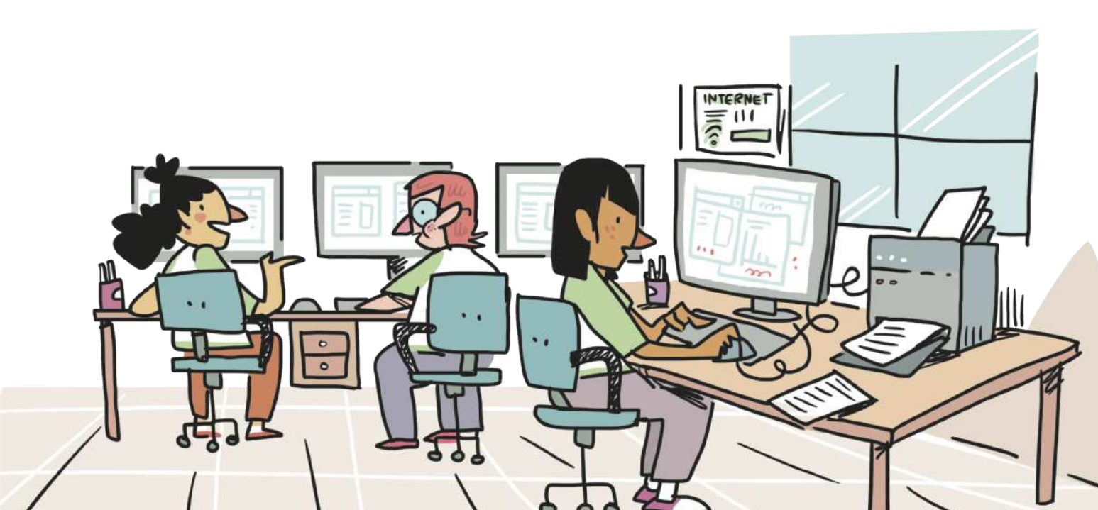 Ilustração de três estudantes em uma sala de informática, sentados à frente das mesas com os computadores. Um garoto e uma garota conversam. A outra garota está imprimindo diversas folhas em uma impressora ao seu lado, na mesa.