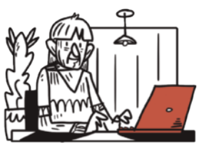 Ilustração em preto e branco de uma pessoa sentada em uma sala, usando um notebook vermelho, que é o único elemento colorido da imagem.