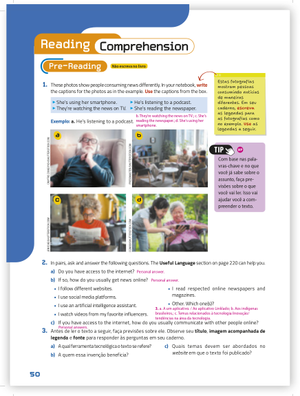 Reprodução de página do livro contendo a seção Reading Comprehension.
