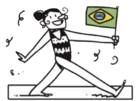 Ilustração em preto e branco de uma ginasta usando maiô e coque no cabelo. Ela está andando enquanto segura a bandeira do Brasil, que é o único elemento colorido da imagem.