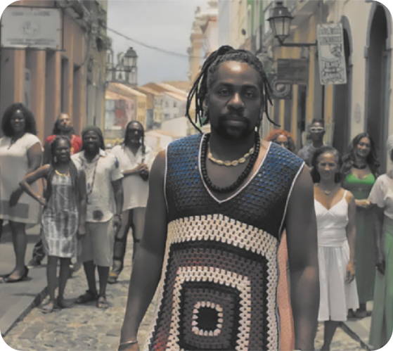 Cena do filme 'Ó Paí, Ó'. A cena mostra o protagonista em pé no meio de uma rua, olhando para o espectador. Atrás dele, há um grupo de homens e mulheres, também em pé e olhando para frente, alguns sorrindo e outros com expressão séria. Todos são negros. O protagonista tem cabelos com dreads, presos para trás, e está usando uma blusa sem mangas de crochê.
