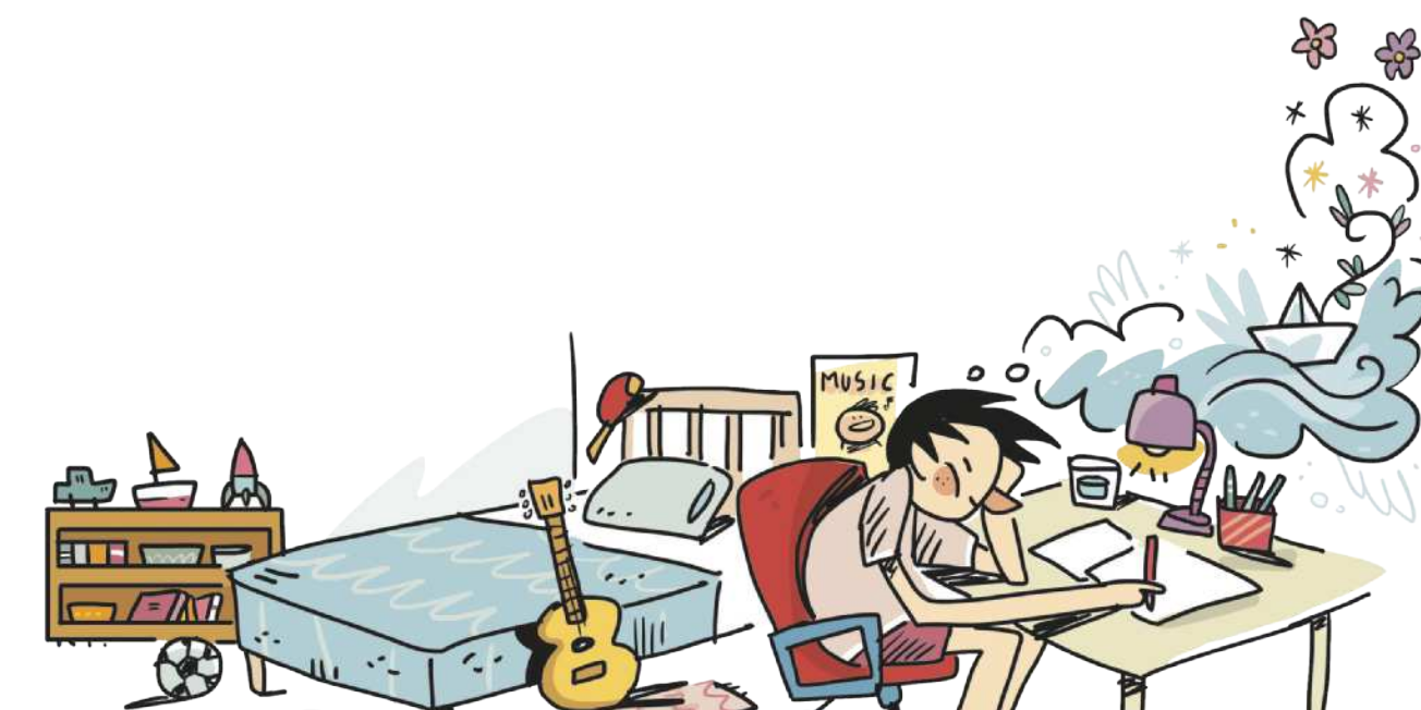 Ilustração de um jovem em seu quarto. Ele está sentado em uma escrivaninha, escrevendo em uma folha de papel, enquanto cenas ganham forma a partir de sua imaginação: um barquinho de papel flutuando sobre as ondas de um oceano, estrelas brilhando, flores e plantas brotando ao redor. No centro do quarto, há uma cama; próximos a ela, um violão encostado e uma bola de futebol. Ao fundo, há uma estante com livros e brinquedos.
