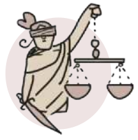Ilustração da figura da Justiça. Mulher de olhos vendados, segurando uma balança com uma mão e uma espada com a outra. Ao fundo, há um círculo em tom claro.