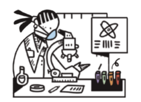 Ilustração em preto e branco de uma mulher trabalhando em um laboratório, enquanto observa por um microscópio. Os únicos elementos coloridos da imagem são a máscara que ela utiliza e os tubos de ensaio sobre a mesa.