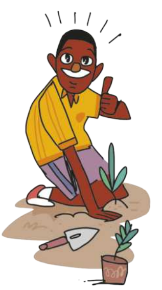 Ilustração representando Lesein Mutunkei ajoelhado no chão de terra, plantando uma muda. Ele sorri e faz sinal de positivo com a mão esquerda. Há uma pá e outra muda de planta ao seu lado.