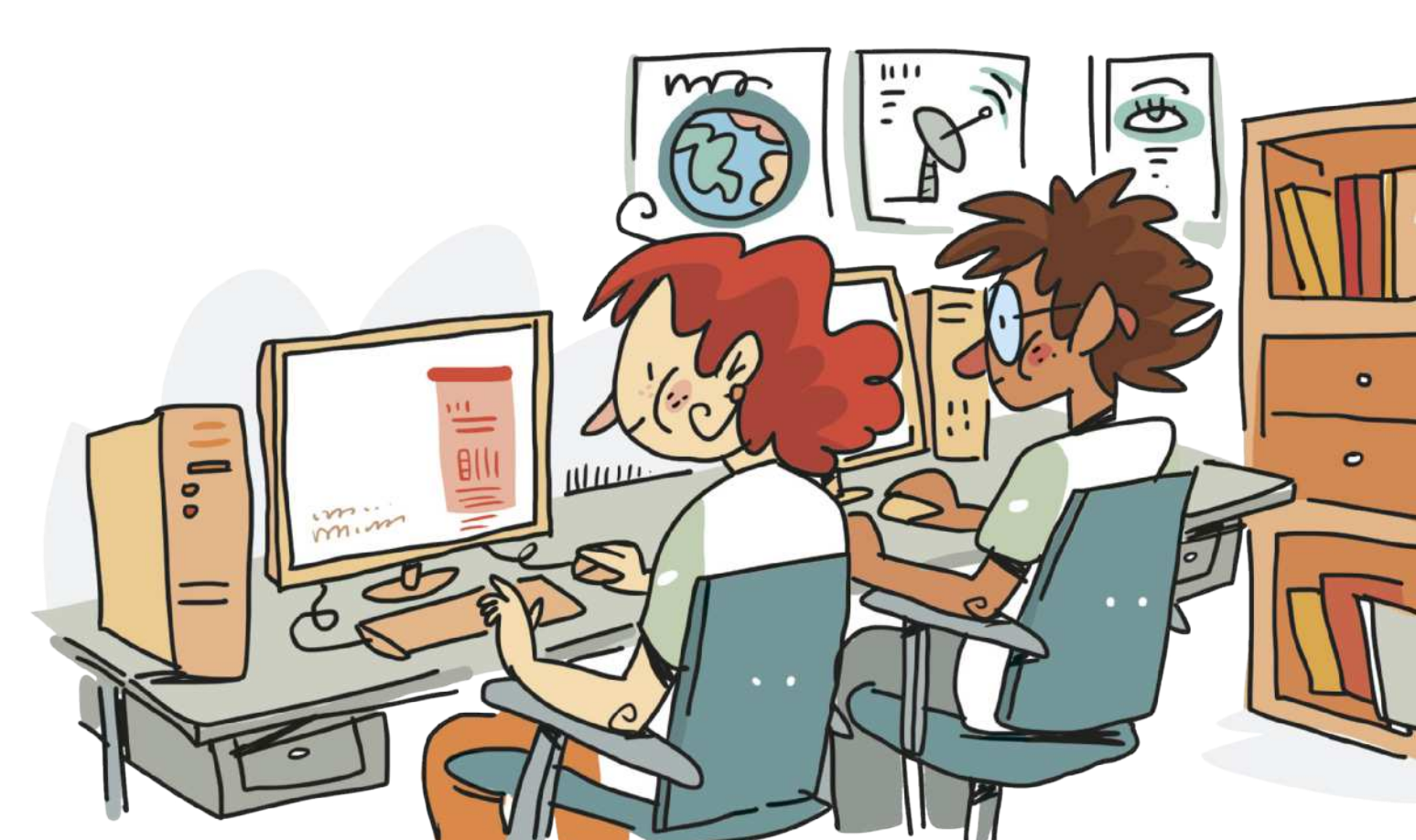 Ilustração de dois jovens em um ambiente escolar. Eles estão sentados lado a lado, em uma mesa comprida, cada um utilizando um computador. Ambos mantêm uma das mãos no mouse e a outra no teclado. Ao lado, há uma estante com livros e, ao fundo, cartazes coloridos colados na parede.