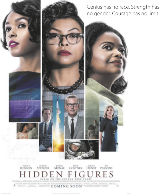 Cartaz de filme 'HIDDEN FIGURES'. Em destaque, estão as fotografias de três mulheres negras, posicionadas lado a lado, cada uma olhando em uma direção diferente. Elas estão maquiadas, têm cabelos cacheados arrumados com elegância e vestem roupas formais, remetendo à década de 1960. Abaixo de seus rostos, há algumas das cenas do filme, incluindo imagens de um foguete, astronauta e outros personagens.