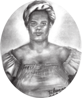 Ilustração em preto e branco de Maria Felipa de Oliveira. Ela é negra, usa turbante cobrindo os cabelos e uma blusa com mangas plissadas e decote ombro a ombro.