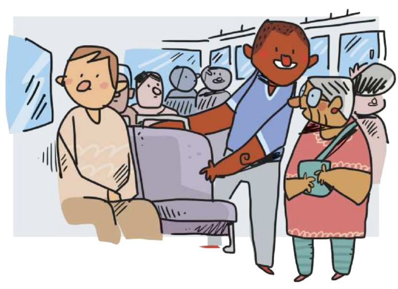 Ilustração do interior de um ônibus. Em primeiro plano, um homem está de pé, sorrindo e oferecendo o assento para uma mulher idosa que segura uma bolsa. À esquerda do banco há outro passageiro sentado e ao fundo há outras pessoas.
