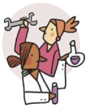 Ilustração de duas mulheres. Uma mulher usa blusa cor-de-rosa e segura uma chave inglesa. A outra mulher usa jaleco branco e segura um frasco de laboratório e um tubo de ensaio. Ao fundo, há um círculo em tom claro.