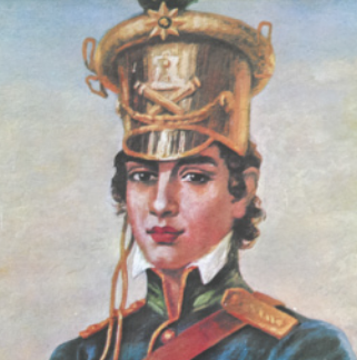 Pintura do busto de Maria Quitéria de Jesus. Ela é branca, usa um shako dourado, um capacete militar alto e cilíndrico, uniforme militar e tem cabelos castanhos, curtos e cacheados.