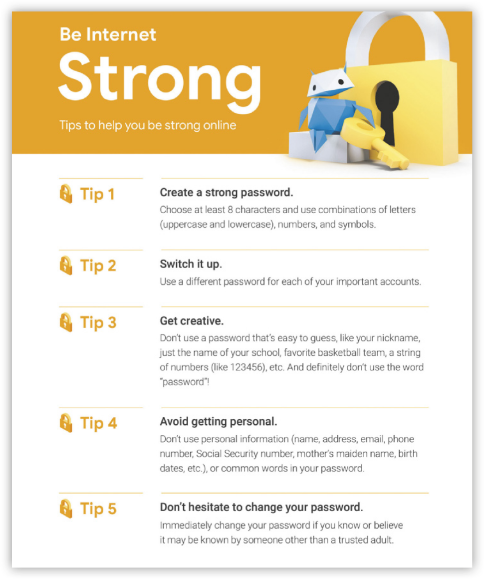 Reprodução de página de internet com o título: 'Be internet Strong. Tips to help you be strong online', acompanhada da imagem de um robô segurando uma chave, com um grande cadeado ao lado. Abaixo, há o seguinte texto: 'Tip 1: Create a strong password. Choose at least 8 characters and use combinations of letters (uppercase and lowercase), numbers, and symbols. Tip 2: Switch it up. Use a different password for each of your important accounts. Tip 3: Get creative. Donʼt use a password thatʼs easy to guess, like your nickname, just the name of your school, favorite basketball team, a string of numbers (like 123456), etc. And definitely don’t use the word “password”! Tip 4: Avoid getting personal. Donʼt use personal information (name, address, email, phone number, Social Security number, motherʼs maiden name, birth dates, etc.), or common words in your password. Tip 5: Don’t hesitate to change your password. Immediately change your password if you know or believe it may be known by someone other than a trusted adult.'