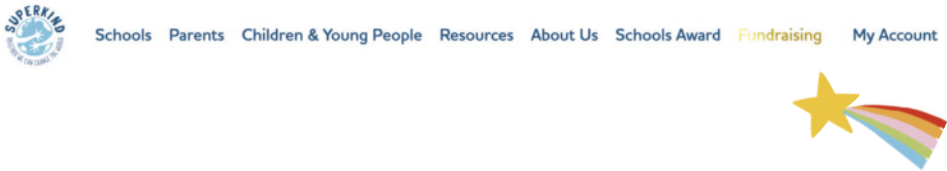 Cabeçalho da página de internet 'Superkind' com os seguintes itens no menu: Schools; Parents; Children & Young People; Resources; About Us; Schools Award; Fundraising; e My Account.