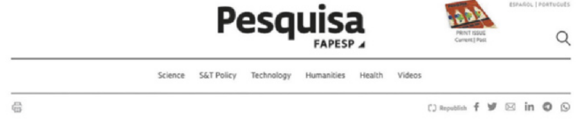 Reprodução do cabeçalho da página de internet 'Pesquisa FAPESP', com uma lupa de pesquisa ao lado e, logo abaixo, uma barra com opções de navegação por outros temas.
