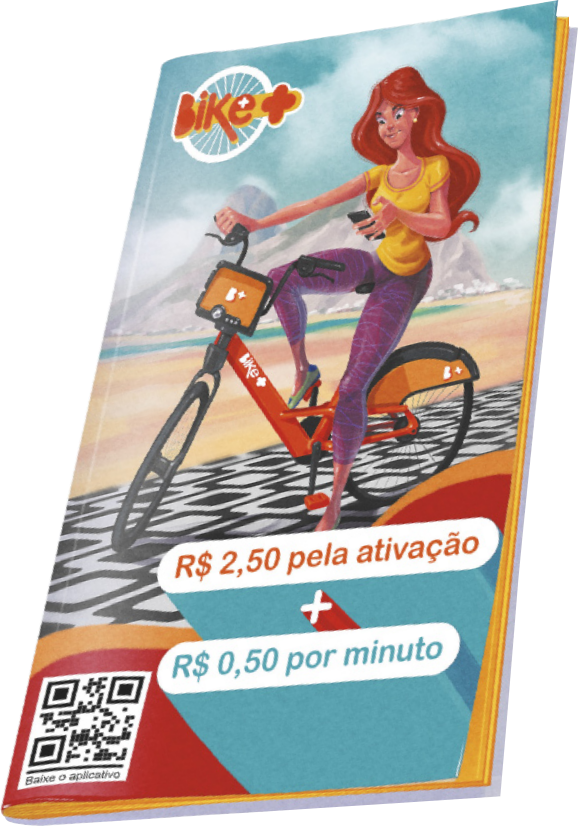 Imagem de um panfleto do estabelecimento Bike Mais, com a ilustração de uma mulher andando de bicicleta na orla da praia. O valor do aluguel é de R$ 2,50 pela ativação mais R$ 0,50 por minuto.