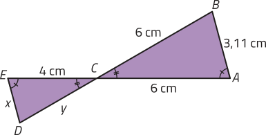 Imagem dos triângulos A B C e E D C, opostos pelo vértice C. Os lados E D igual a x e A B igual a 3,11 centímetros; E C igual a 4 centímetros e A C igual a 6 centímetros; C D igual a y e C B igual a 6 centímetros, são correspondentes entre os pares. Os ângulos C Ê D e B Â C; A C B e E C D; são congruentes entre os pares.