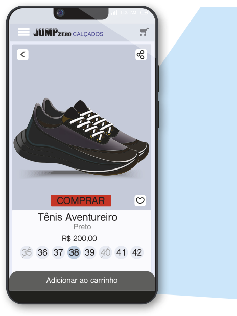 Imagem do site descrito anteriormente, agora exibindo um tênis do modelo Tênis Aventureiro, na cor preta, tamanho 38, por R$ 200,00.