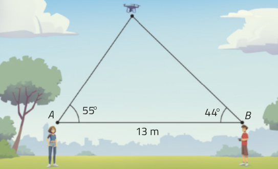 Esquema. Temos um triângulo de base A B igual a 13 metros, com um ângulo de 55 graus no vértice A, e um ângulo de 44 graus no vértice B. Pâmela está localizada no vértice A, Maurício no vértice B, e 13 metros representa a distância entre eles. O drone está localizado no vértice superior.