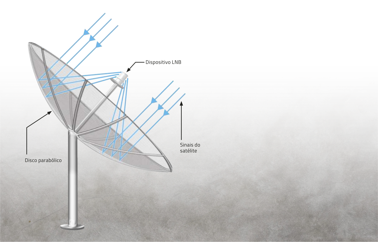 Ilustração de uma antena parabólica voltada para o céu. A estrutura em formato paraboloide que reflete os sinais recebidos chama-se disco parabólico. Os sinais do satélite, representados por feixes paralelos que chegam no disco, são refletidos e convergem no dispositivo L N B, posicionado no foco da parábola.